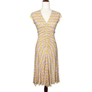 HALE BOB Women Size S Yellow Floral Cap Sleeve V-Neck Gathered Waist Midi Dress